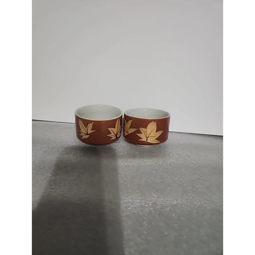 vintage ceramic tea bowls featuring an autumn maple leaf pattern